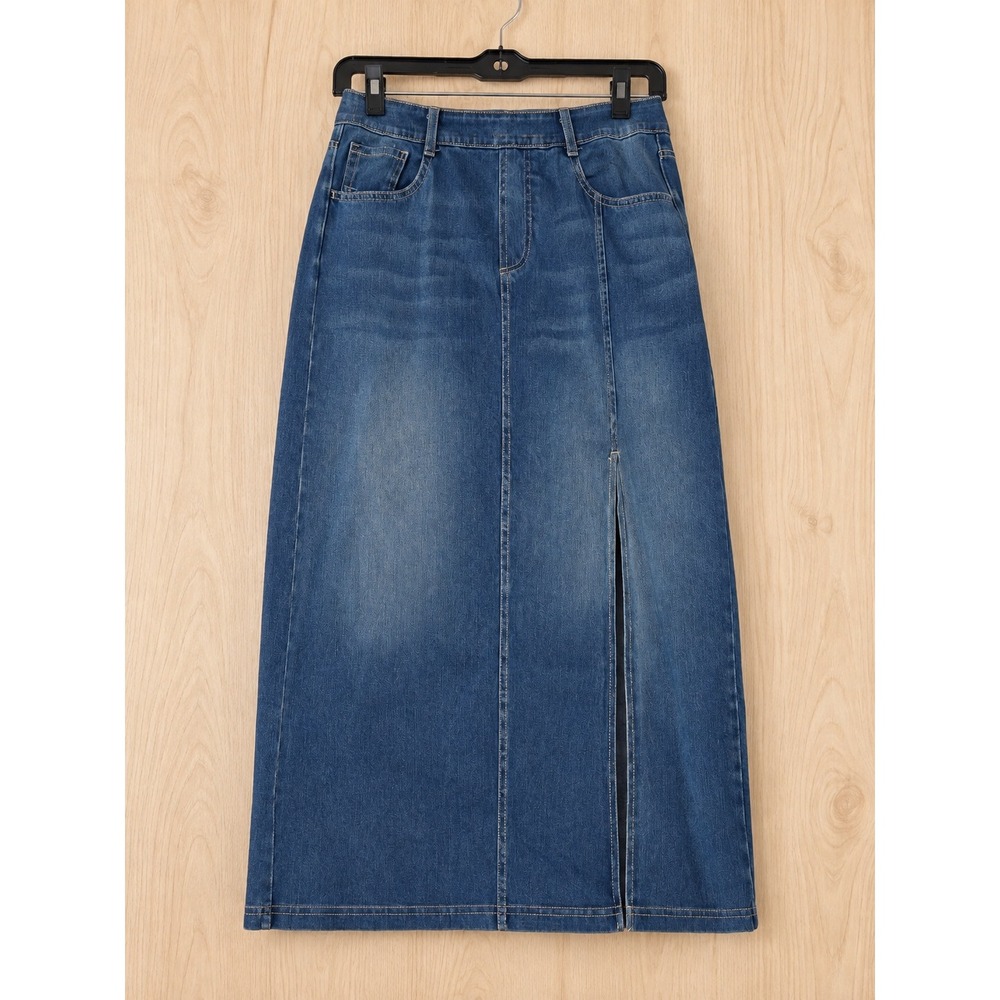 Halara Denim Maxi Skirt Medium Wash Blue High Waisted Front Slit Size M NWT